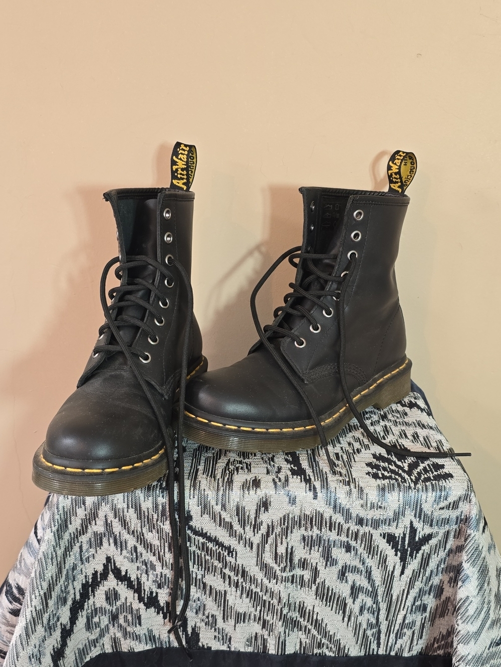 Dr. Martens Black Leather Lace-Up Combat Boots with Yellow Stitching